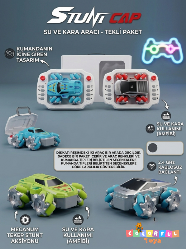 Stunt Cap: Kumandaya Giren Amfibi Akrobat Araba - Su ve Karada Giden 360° Dönen Portatif Oyuncak