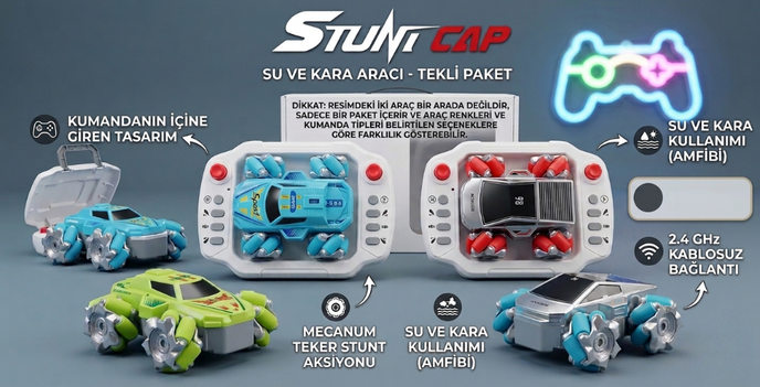 Stunt Cap: Kumandaya Giren Amfibi Akrobat Araba - Su ve Karada Giden 360° Dönen Portatif Oyuncak