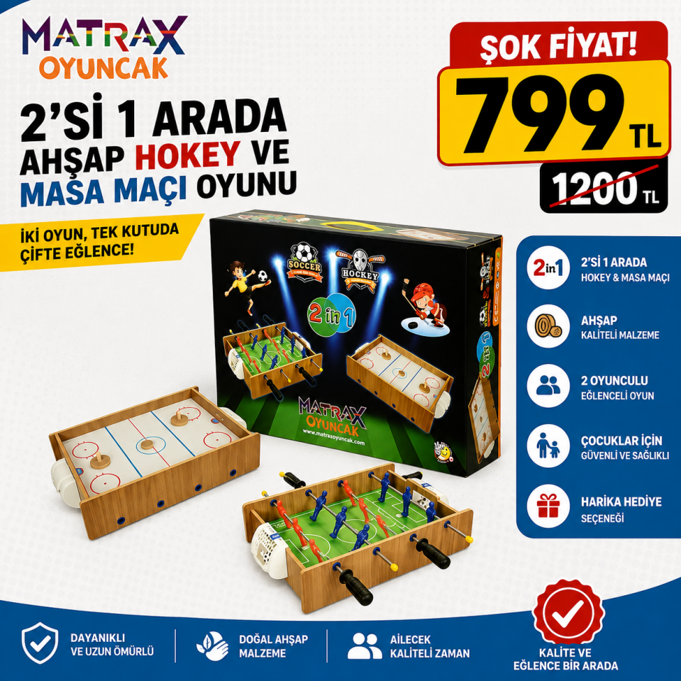 Matrax Oyuncak 2'si 1 Arada Ahşap Hokey ve Masa Maçı Oyunu