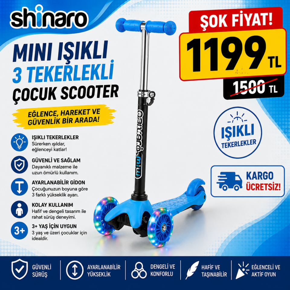 Shinaro Mini Işıklı 3 Tekerlekli Çocuk Scooter - Mavi