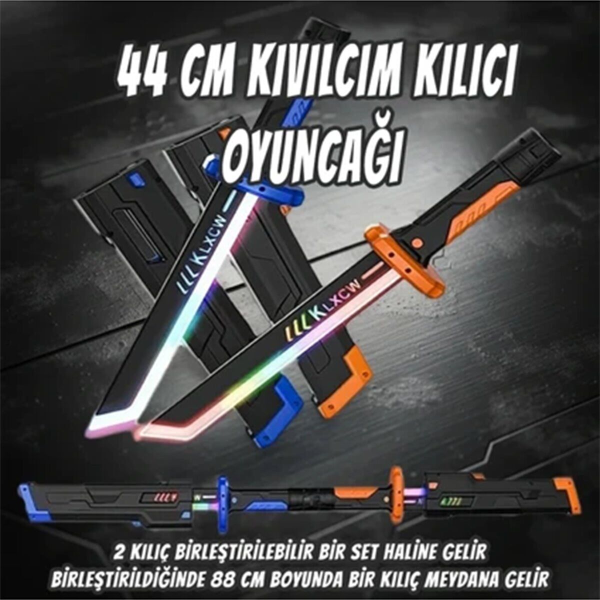 456-38M 44 CM KIVILCIM ÇIKARAN FARKLI RENKLERDE LED IŞIN KILICI 2 KILIÇ BİRLEŞTR