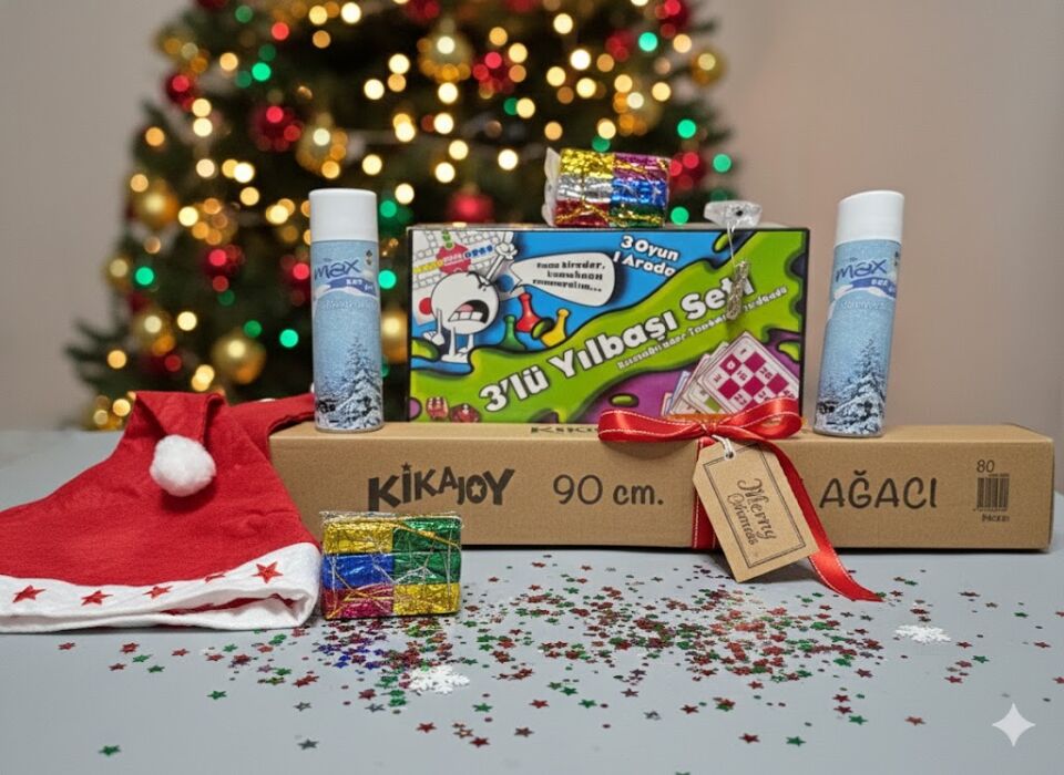 90 cm Yılbaşı Ağacı Seti 6'lı: 80 Dal Çam Ağacı, Işık, Süs, 2 Şapka, Kar Spreyi & 3'ü 1 Arada Tombala Oyunu (Eksiksiz Paket)