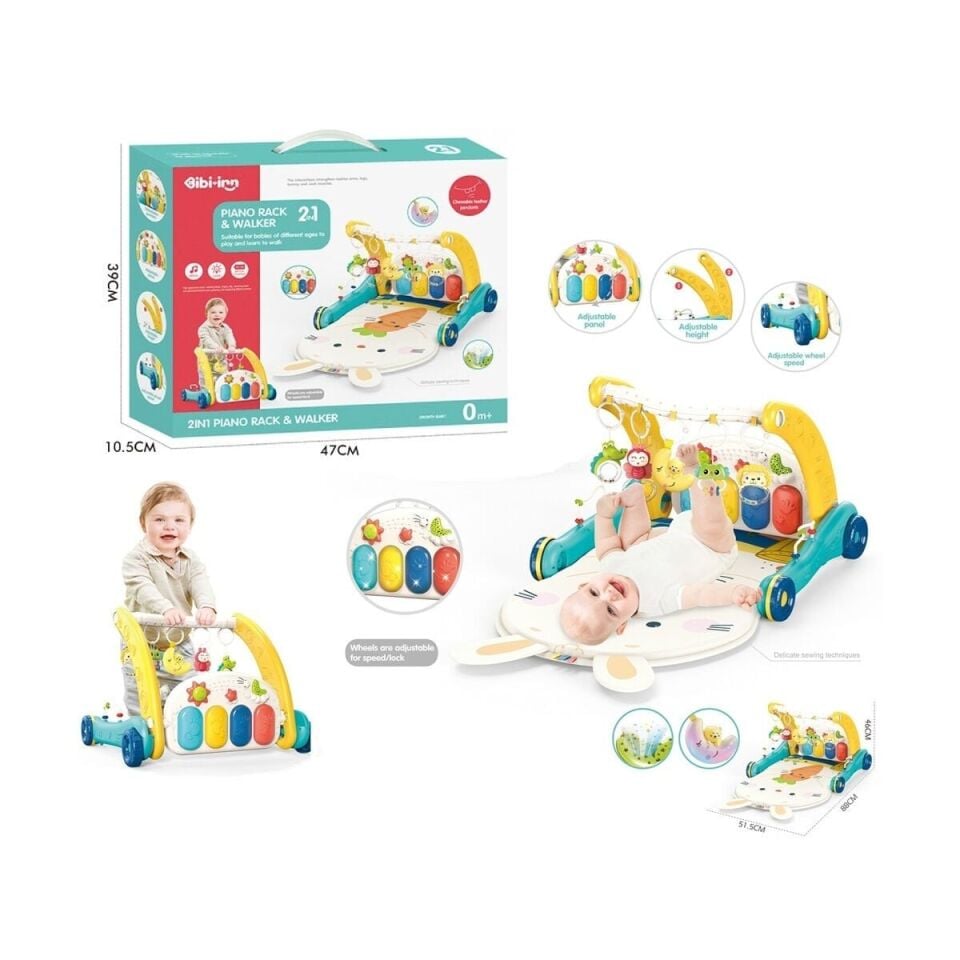 BIB6015 -Vardem Piyanolu 2 in 1 Bebek Yürüteci ve Tavşan Desenli Mavi Oyun Halısı