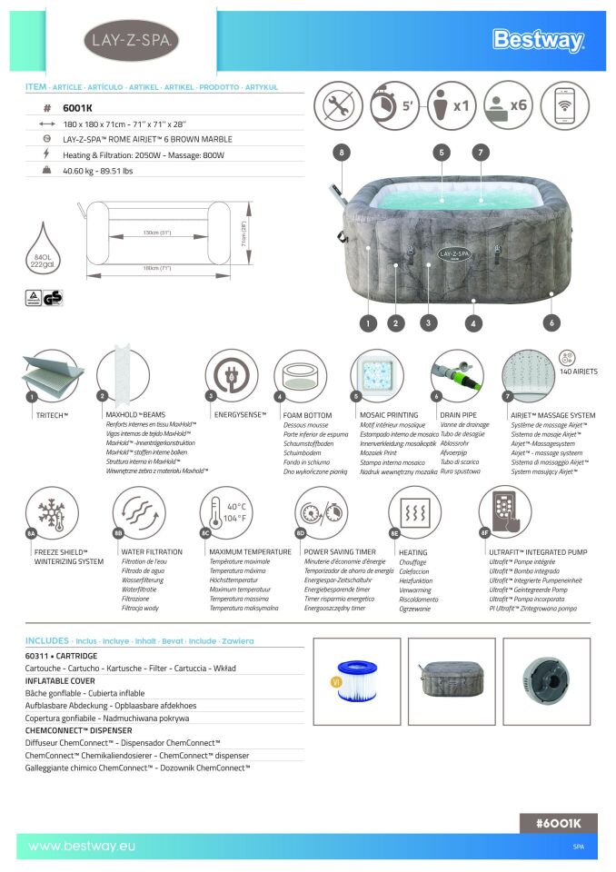 Lay-Z-Spa® 6001K Rome Smart AirJet™ Enerji Tasarruflu Şişme Spa Havuzu, Mobil Uygulama Kontrollü, 4-6 kişilik