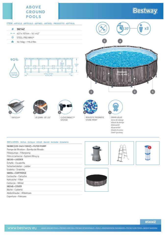 Bestway® 5614Z Steel Pro MAX™ Prefabrik Yer Üstü Çember Havuz Seti 4,27 m x 1,07 m