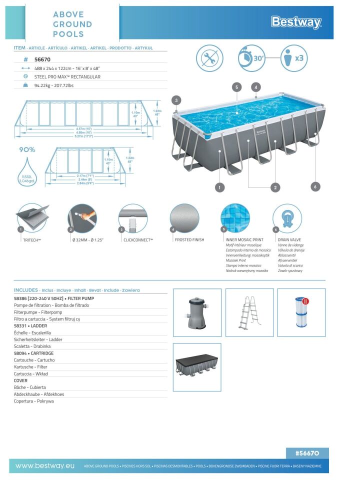 Bestway® 56670 Steel Pro MAX™ Prefabrik Yer Üstü Havuz Seti 4,88 m x 2,44 m x 1,22 m