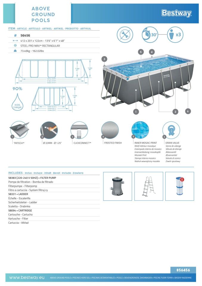 Bestway® 56456 Steel Pro MAX™ Above Ground Pool Set 4.12 m x 2.01 m x 1.22 m