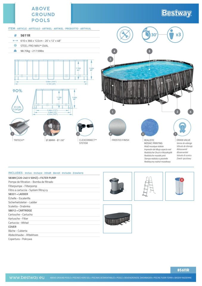 Bestway® 5611R Power Steel™ Prefabrik Yer Üstü Havuz Seti 6,10m x 3,66 m x 1,22 m