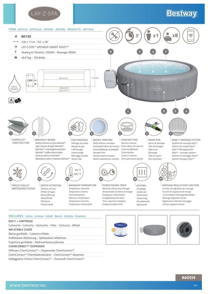 Lay-Z-Spa® 60135 Grenada Smart AirJet™ Şişme Spa Havuzu, 6-8 kişilik
